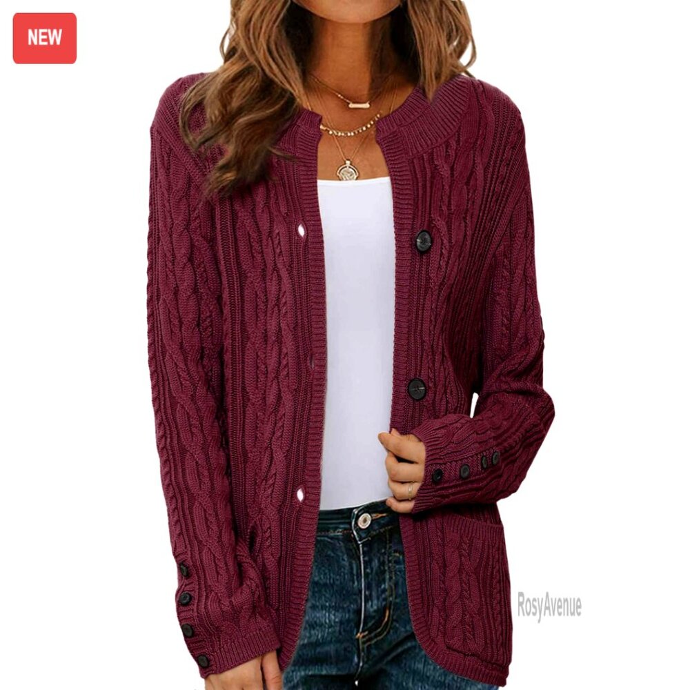 Button Up Cable Knit Cardigan Open Front Chunky Sweater Dressy Casual Long